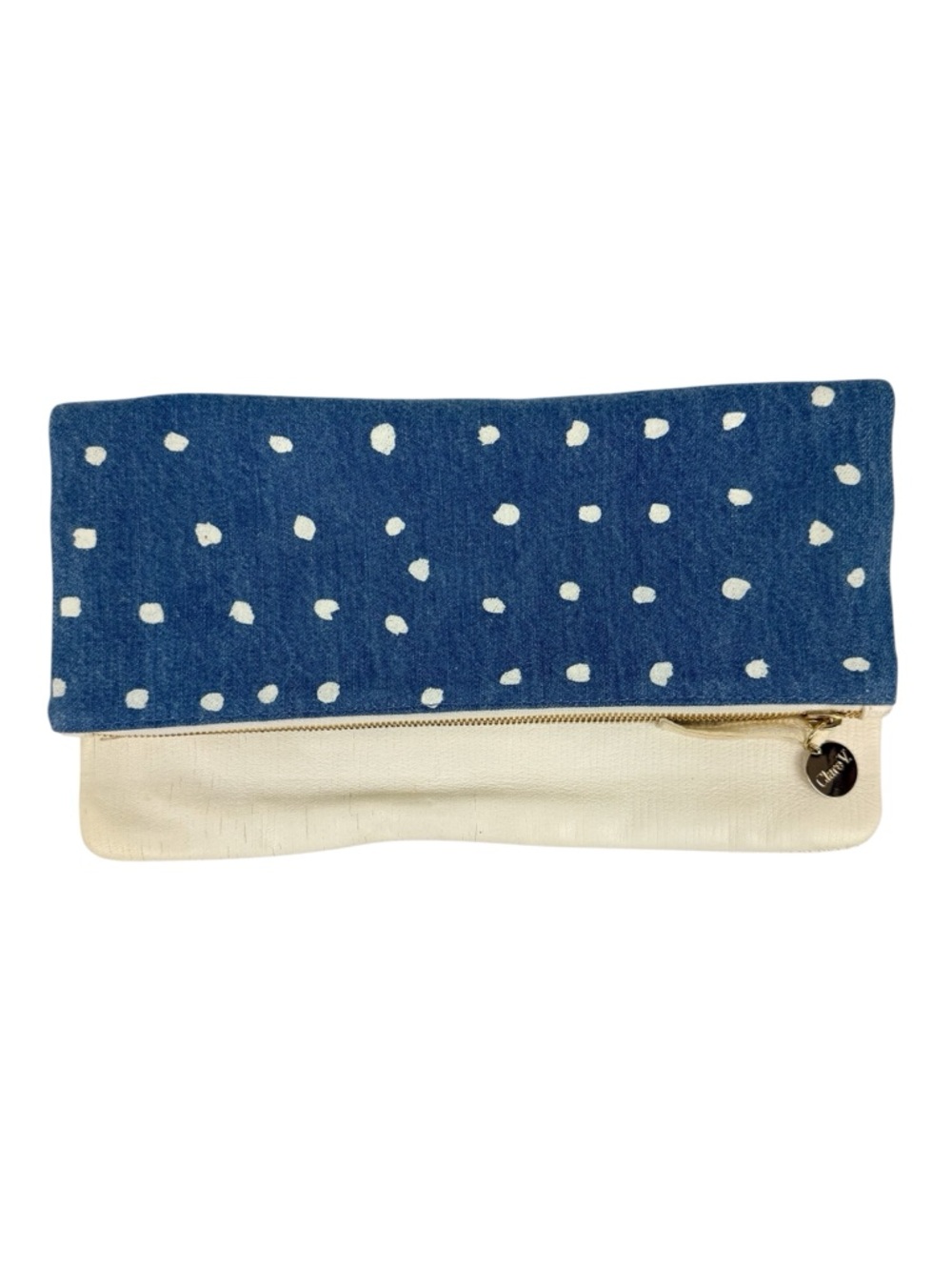 Clare V Polka Dot Denim Leather Foldover Clutch